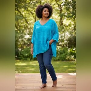 CottonSeed Blue Embroidered Beachy  V Neck Tunic Top Ladies XL Oversized Boho